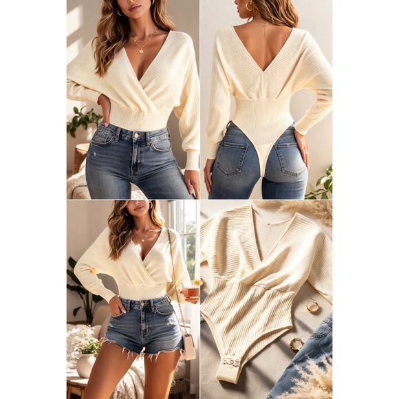 Dress Up Tops - Dress Up Bodysuit Women Large Ivory Ribbed Knit Long Sleeve Surplice VNeck *NWT*
